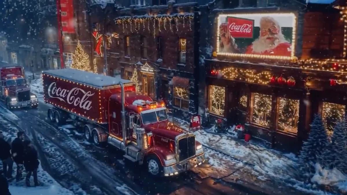 A Coca-Cola truck drives through a snowy town filled with festive lights and a Santa billboard.
