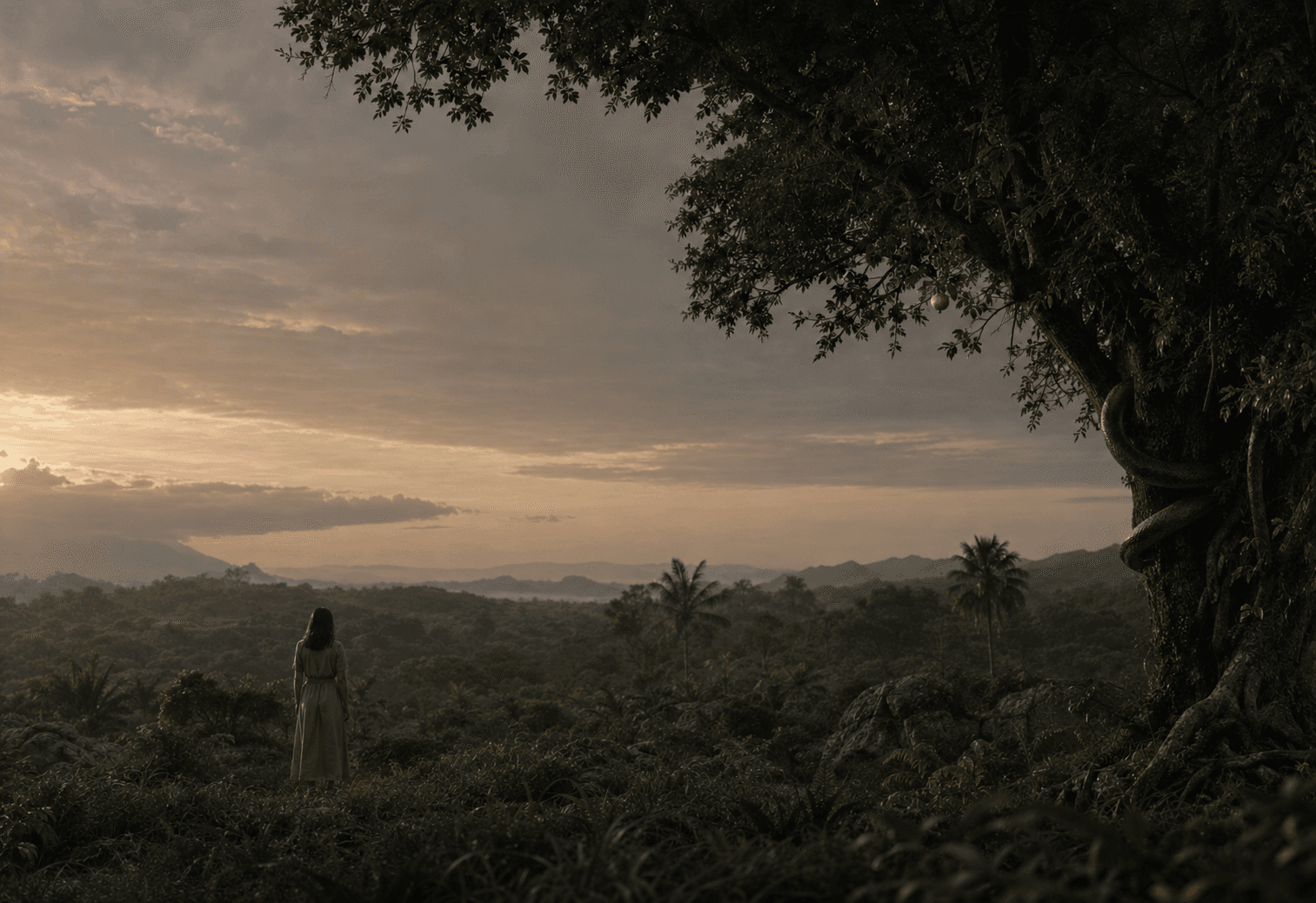 A solitary figure stands in a vast Edenic landscape beside an ancient tree, where a serpent coils beneath a single fruit.