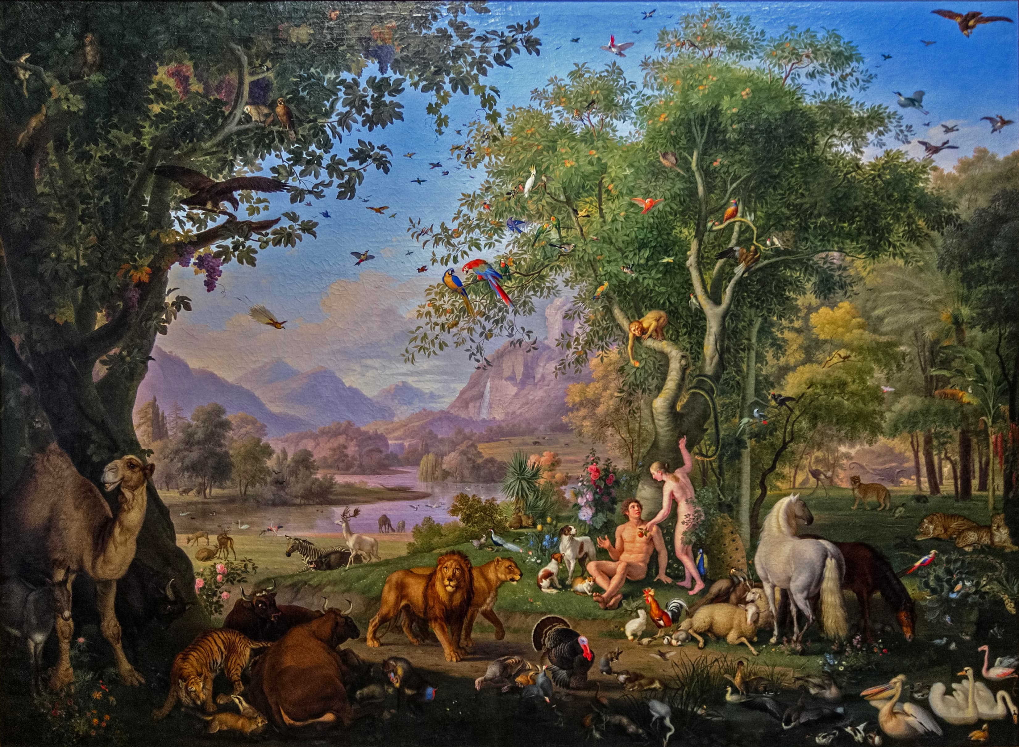 A solitary figure stands in a vast Edenic landscape beside an ancient tree, where a serpent coils beneath a single fruit.